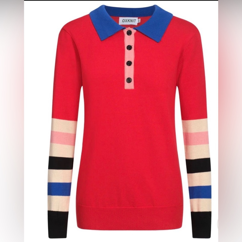 NWT Sold Out Oxknit WOMEN'S RED VINTAGE STRIPED POLO KNITWEAR, Size Small